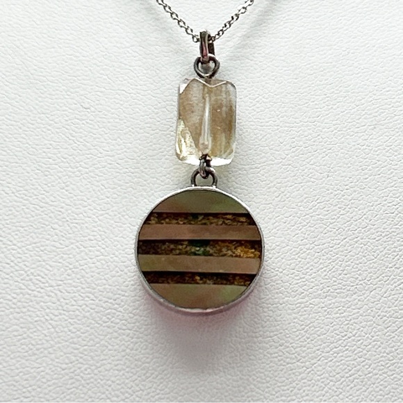 Vintage Signed Sandy Baker Sunstone Abalone Sterling Silver Necklace - Picture 5 of 12